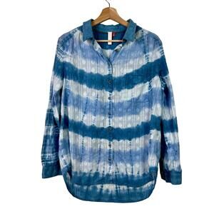 Anthropologie Pilcro Japanese Tie Dye Blue Stripe‎ Button Up Cotton Shirt Medium